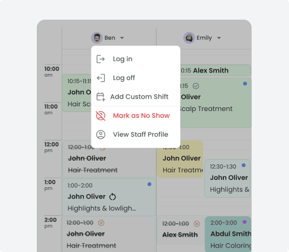 Staff quick actions menu