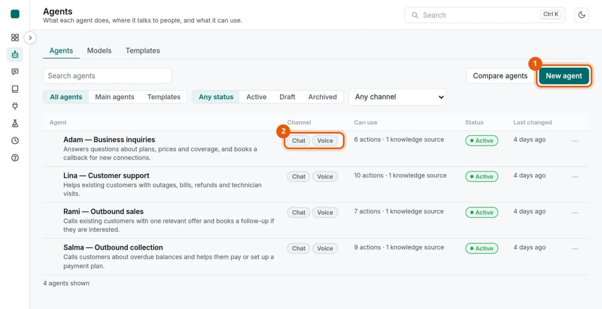 قائمة الوكلاء تضم أربعة وكلاء يعمل كل منهم بالمحادثة والصوت