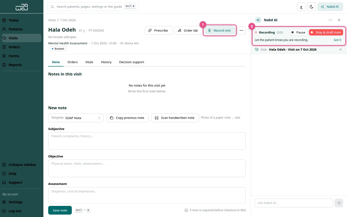 Recording a visit: (1) the Record visit button, (2) the recording banner with Stop & draft note in the Nabd AI panel.