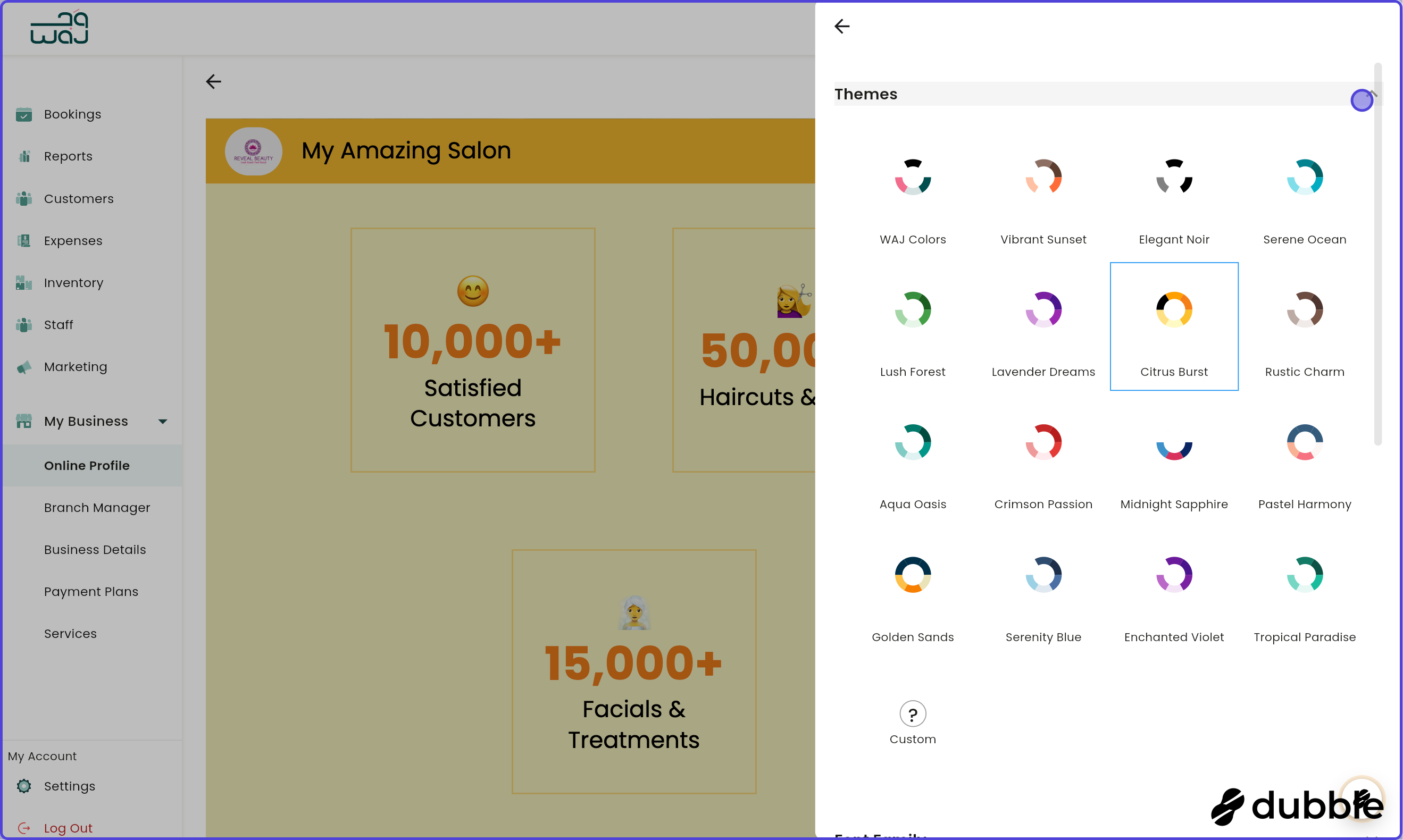 Online profile edit website manage your website theme fonts and brand screenshot