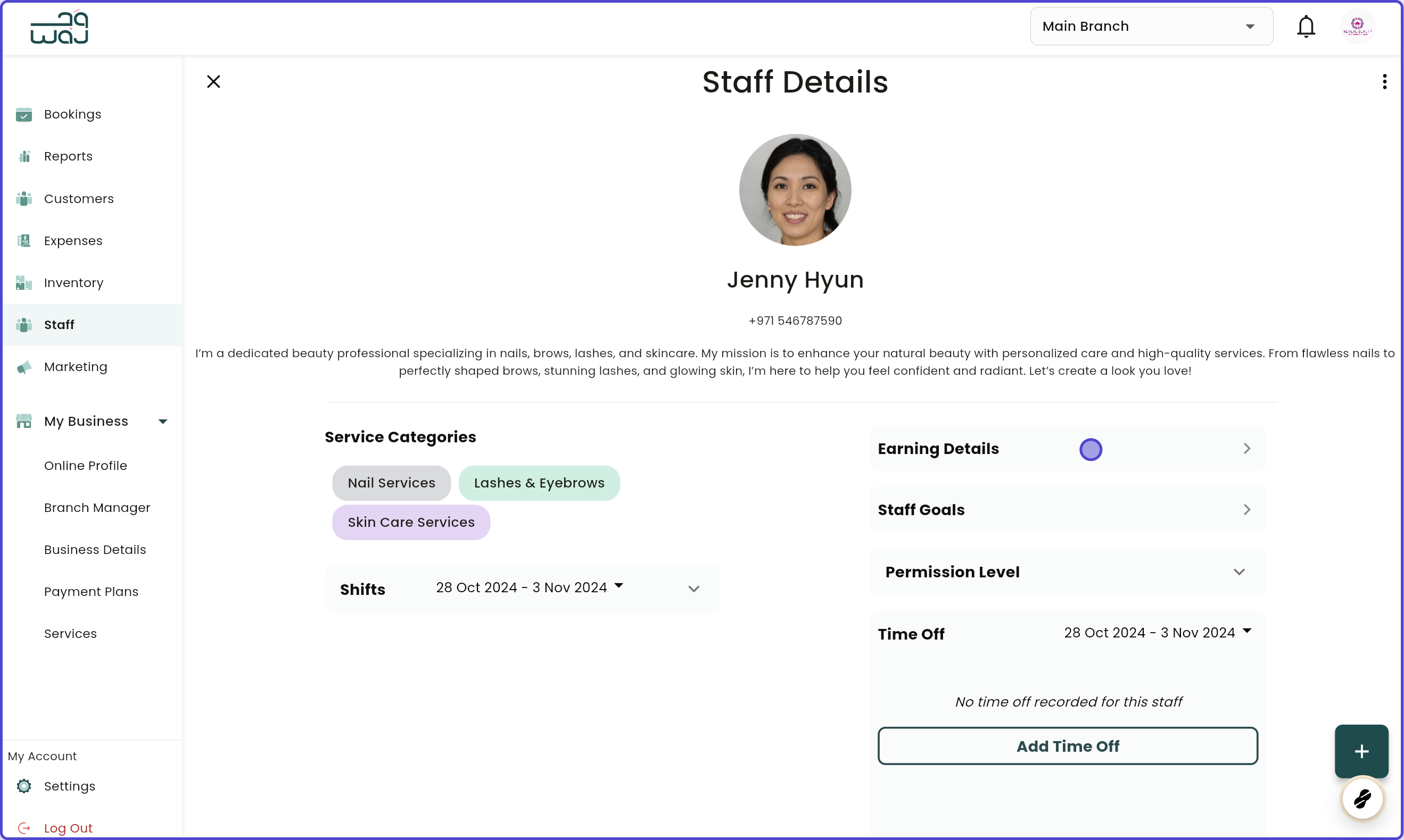 Staff manage staff details earning details screenshot