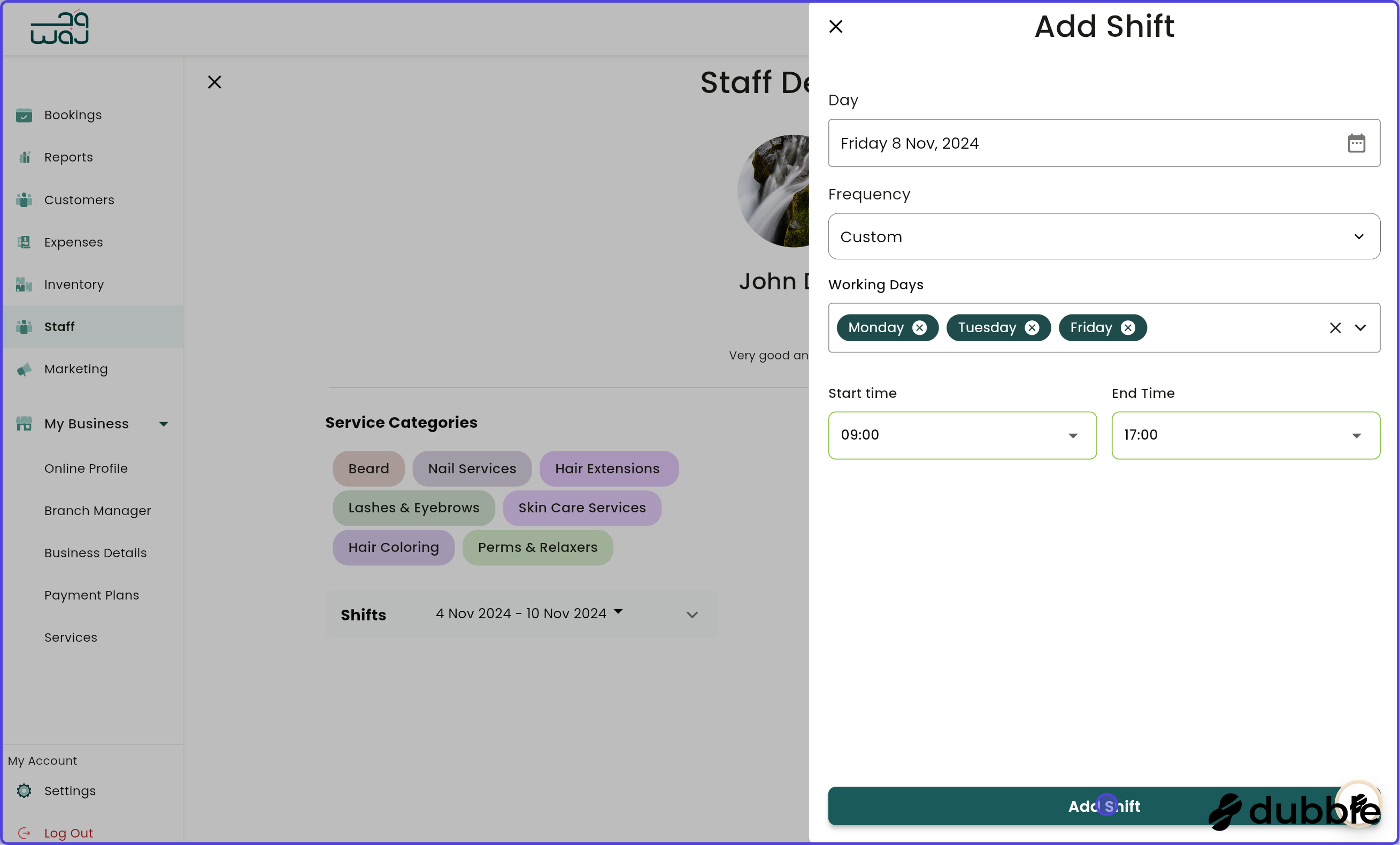 Staff manage staff details manage shifts screenshot