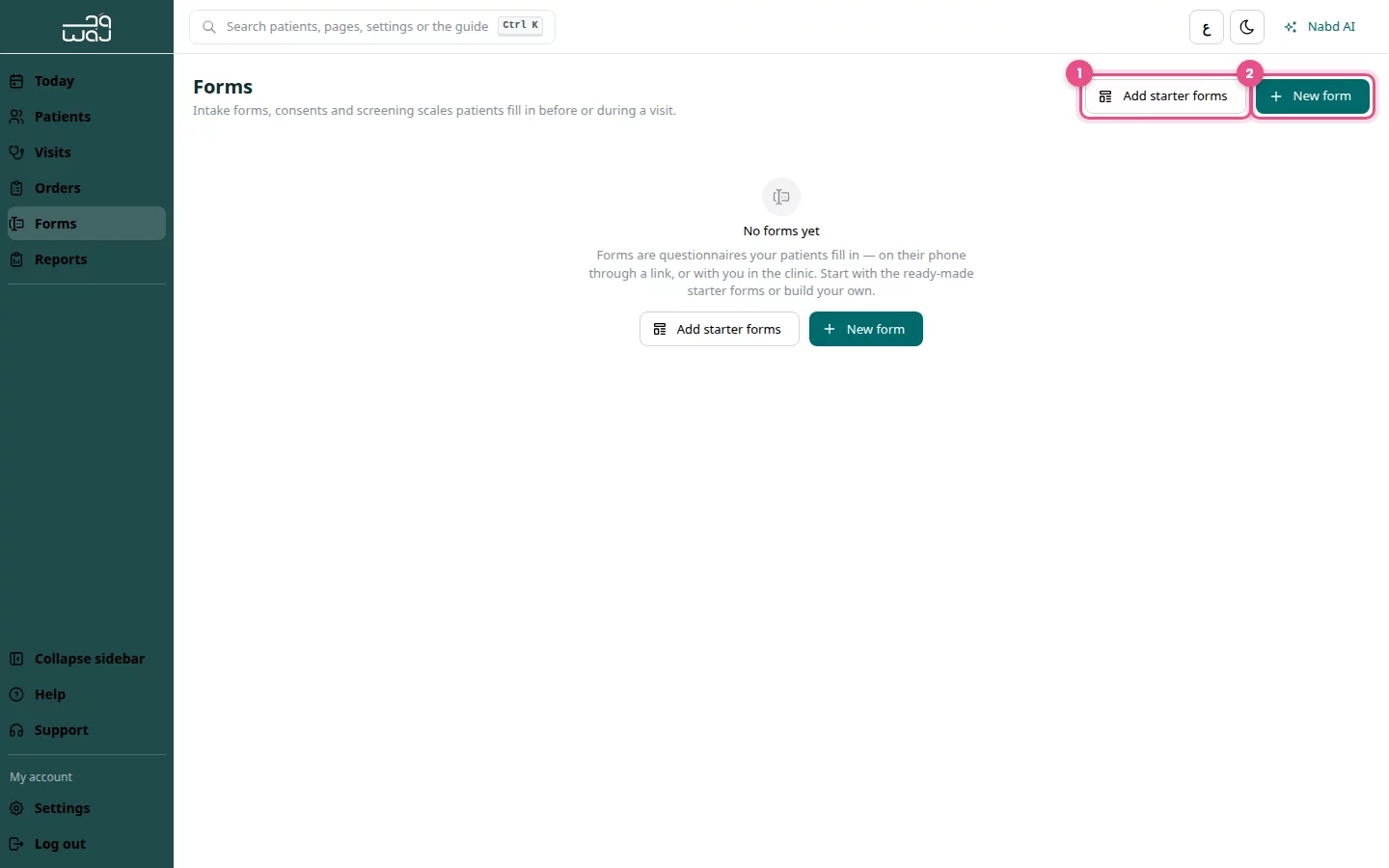 The Forms library before any forms are added: (1) Add starter forms, (2) New form.