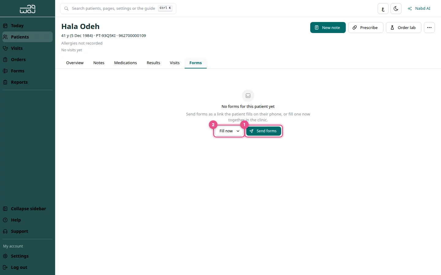 The Forms tab of a patient record: (1) Send forms, (2) Fill now.