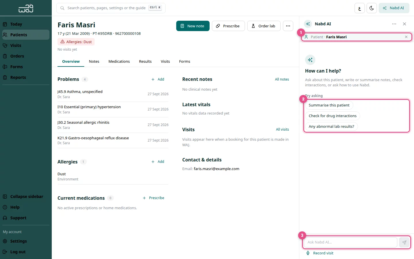 Nabd AI open on a patient record: (1) the patient it is looking at, (2) suggested questions, (3) the question box.