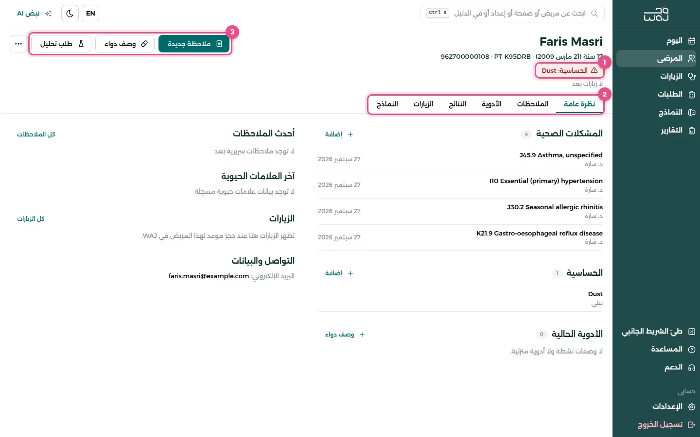 ملف مريض: (1) سطر الحساسية، (2) تبويبات الملف، (3) ملاحظة جديدة ووصف دواء وطلب تحليل.