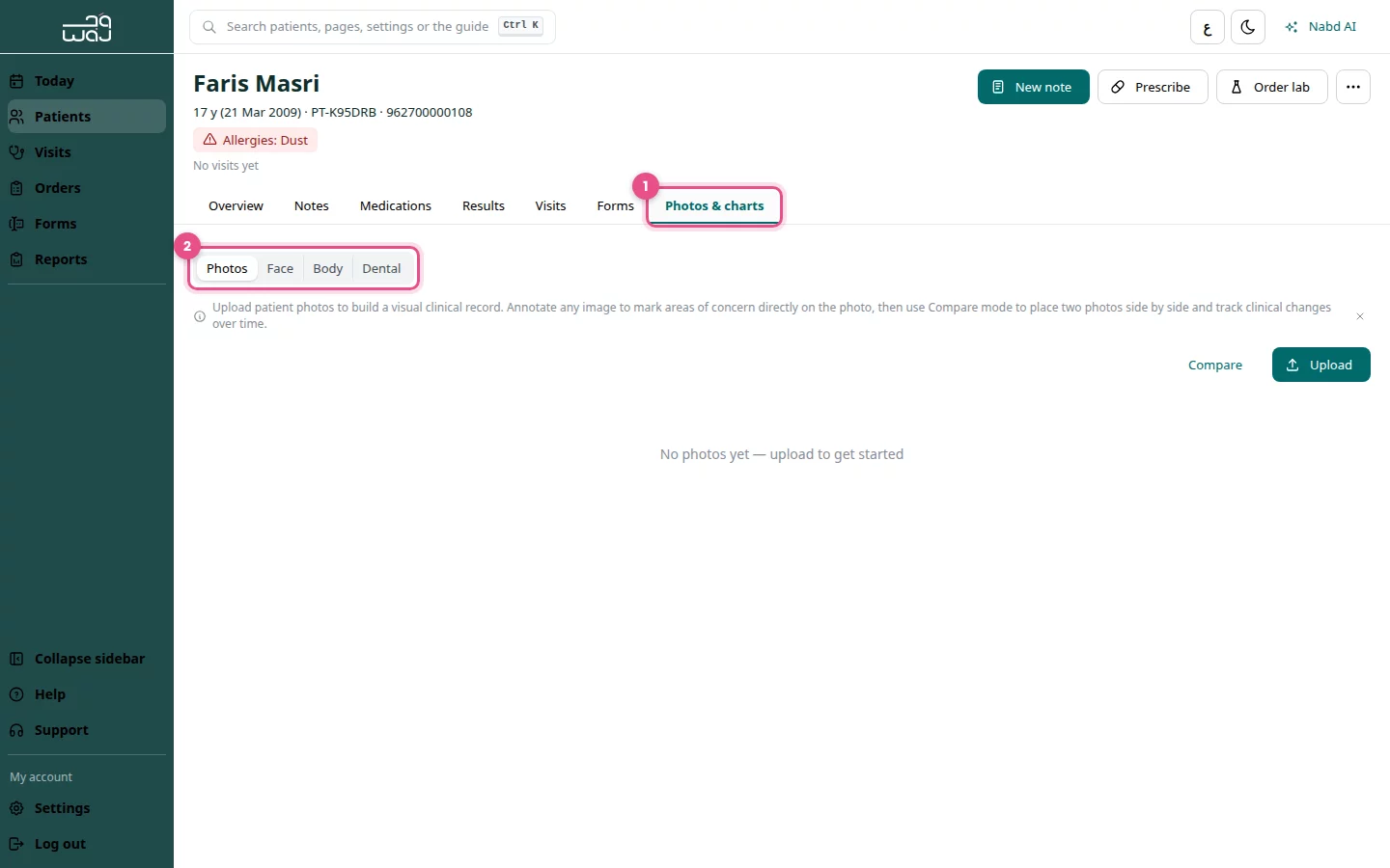 The Photos & charts tab of a patient record (1) with Photos, Face, Body and Dental views (2).