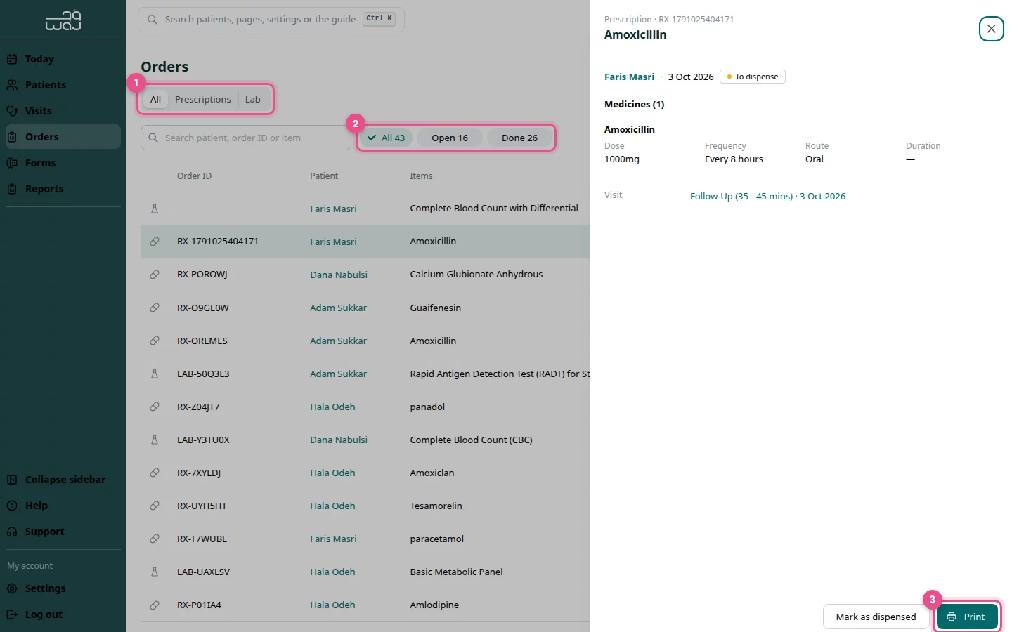 The Orders page: (1) All / Prescriptions / Lab switch, (2) status filters, (3) Print in the order drawer.