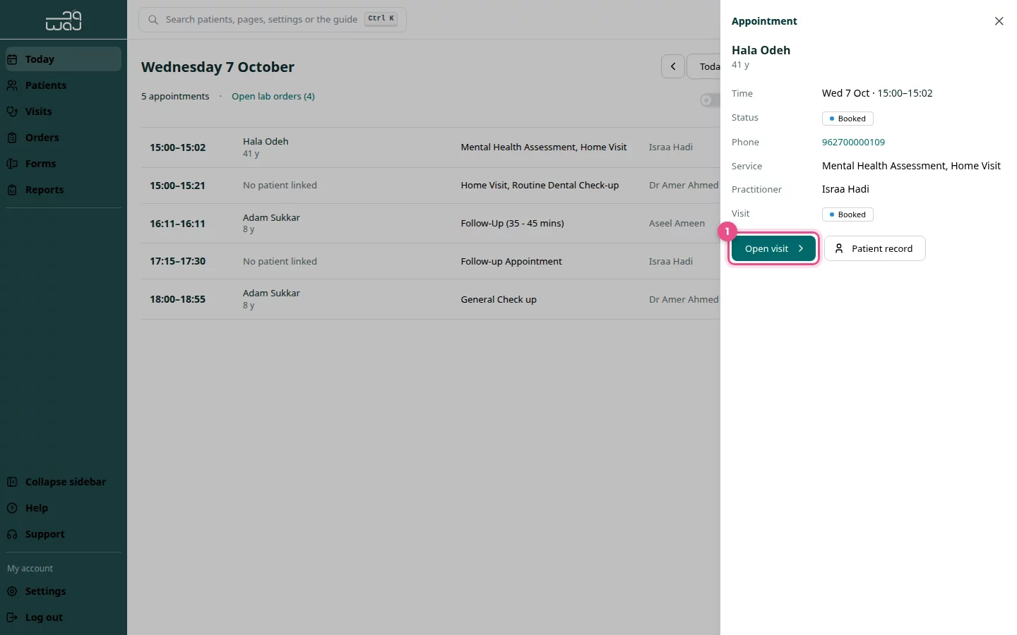 The appointment drawer for Hala Odeh with the Open visit button highlighted (1).