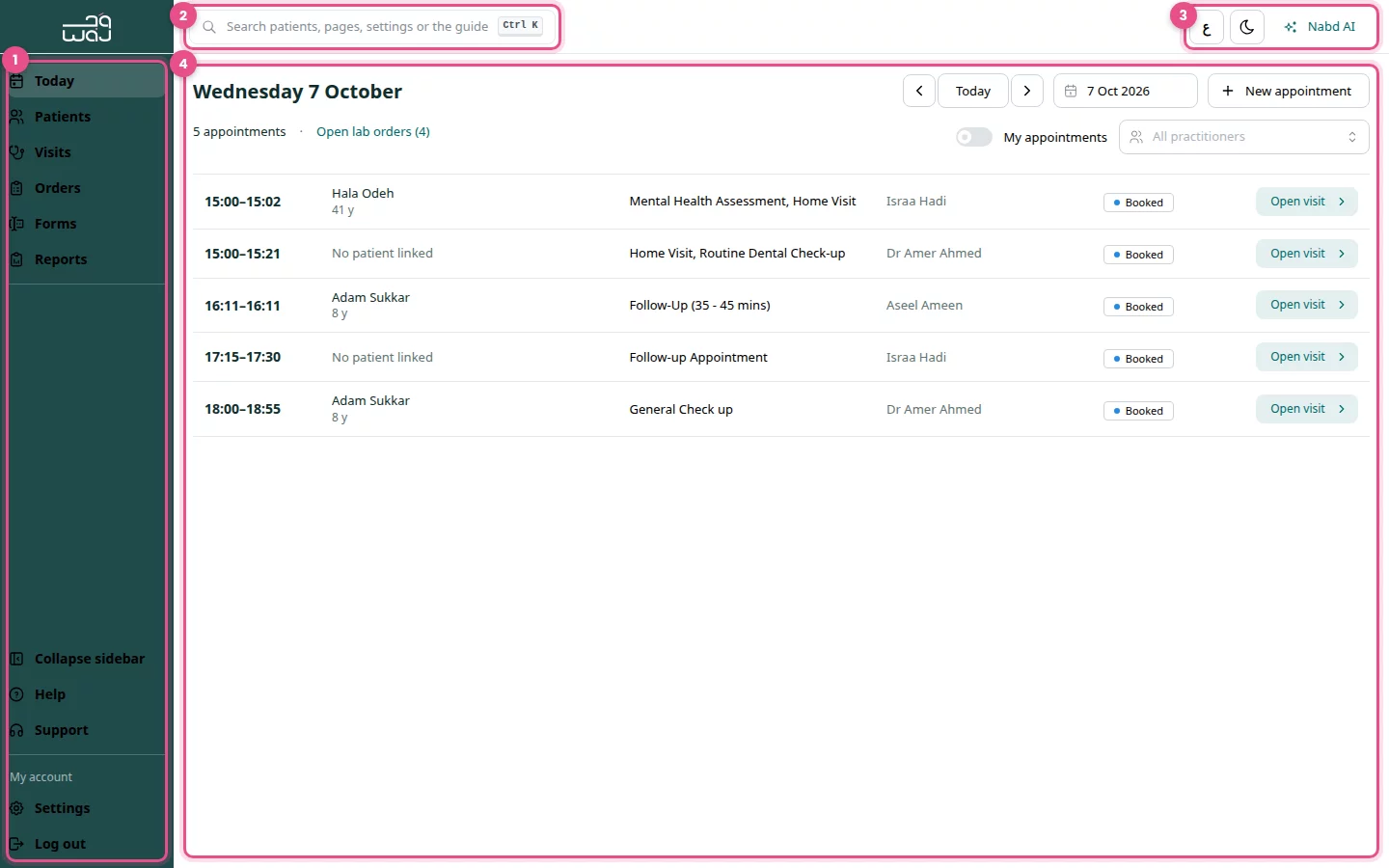 The Nabd screen: (1) the menu, (2) search, (3) the language, dark mode and Nabd AI buttons, (4) the page area.
